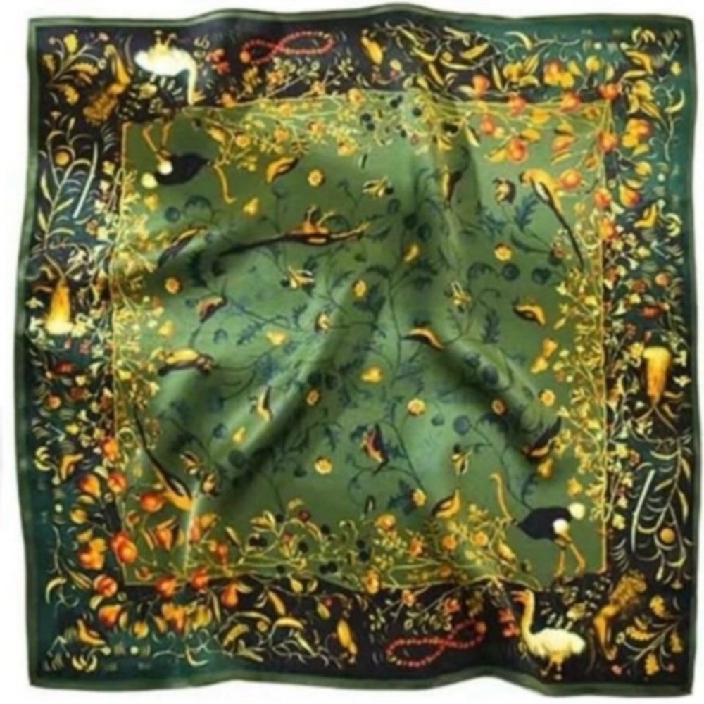 Large Mulberry Silk Scarf 42” Square Jade/Emerald Green Animals/Birds - Picture 2 of 8